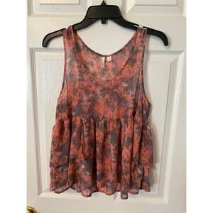 Frenchi Womens Abstract Watercolor TieredRuffle Babydoll Tank TopOrange Purple M